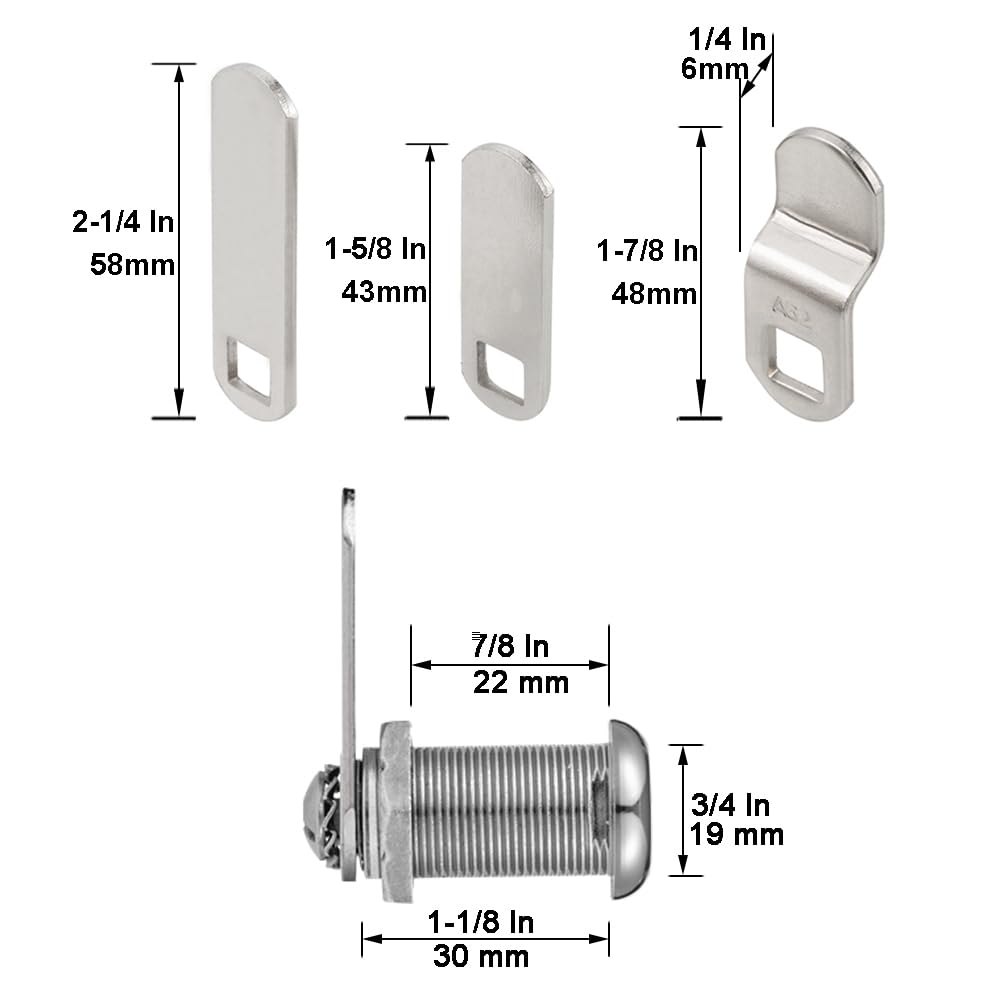 Keyed Alike 1-1/8” Cylinder Cam Locks Chrome Finish with 3 Cams and 2 Keys T198