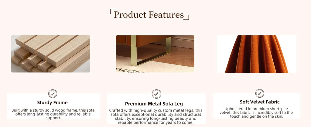 Orange Velvet 3 Seater Sofa with Gold Metal Legs C346