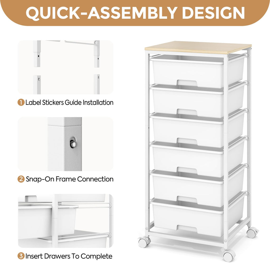 6 Drawer Rolling Storage Cart with Wooden Top and Wheels S504