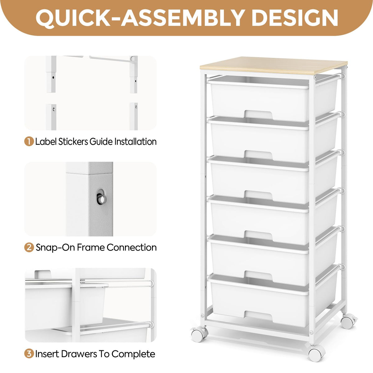 6 Drawer Rolling Storage Cart with Wooden Top and Wheels S504