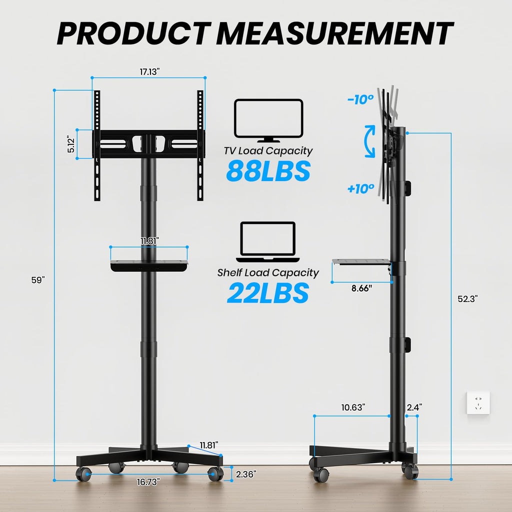 Height Adjustable Rolling TV Cart with Shelf and Locking Wheels A796173