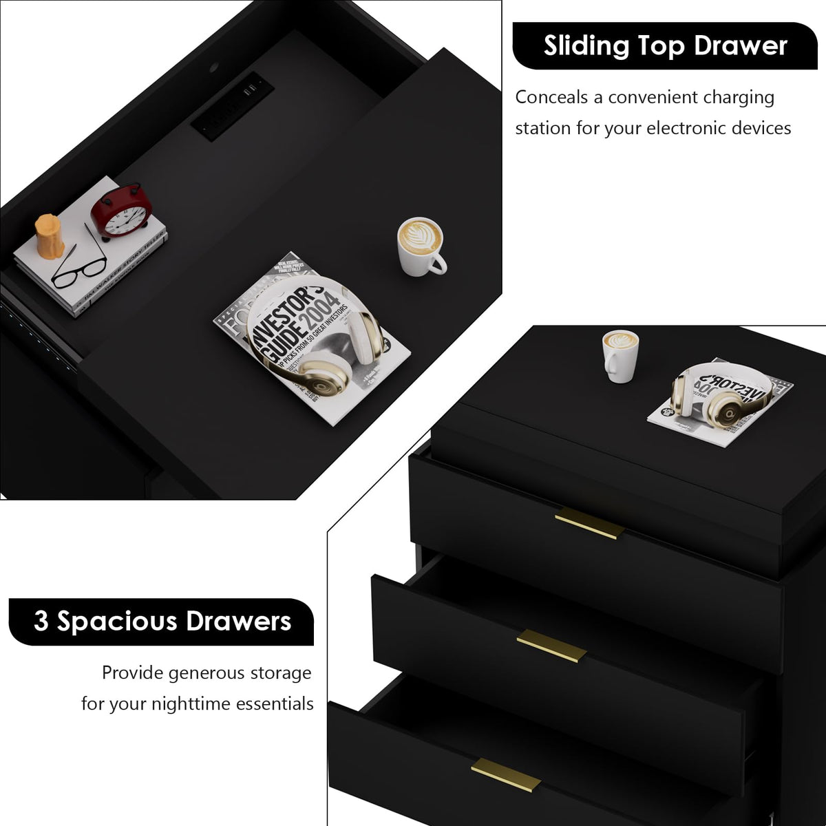 Black Nightstand with Charging Station and LED Lights P656