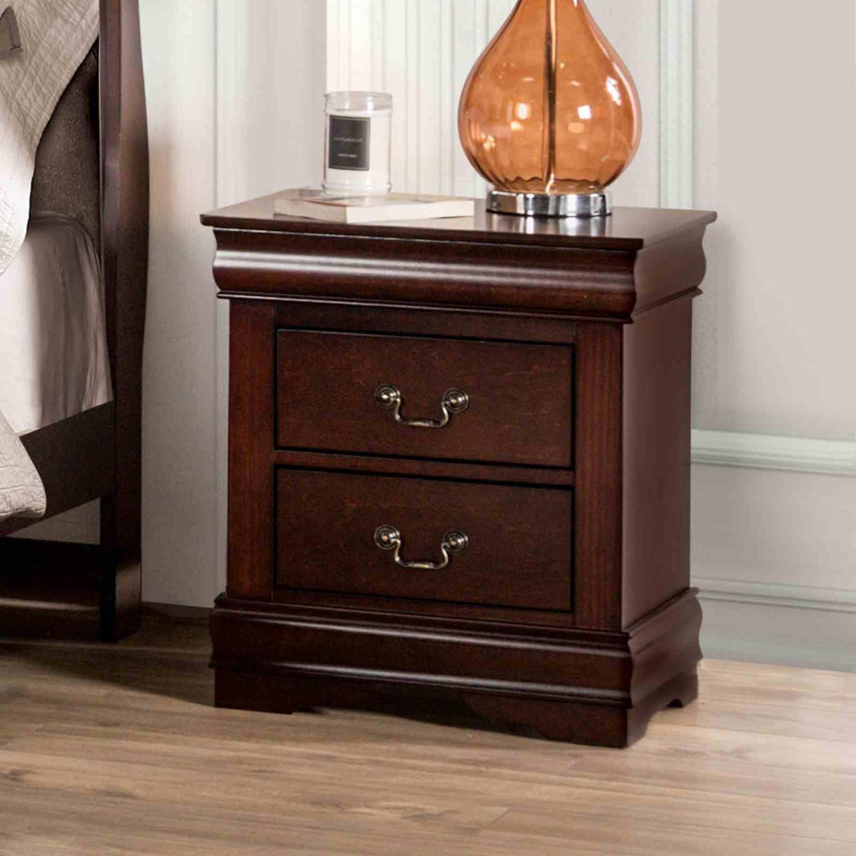Dark Cherry 2 Drawer Solid Wood Nightstand X70568