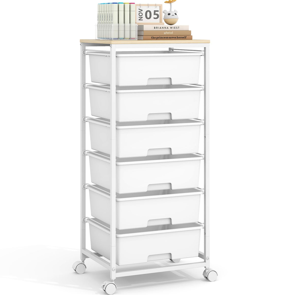 6 Drawer Rolling Storage Cart with Wooden Top and Wheels S504
