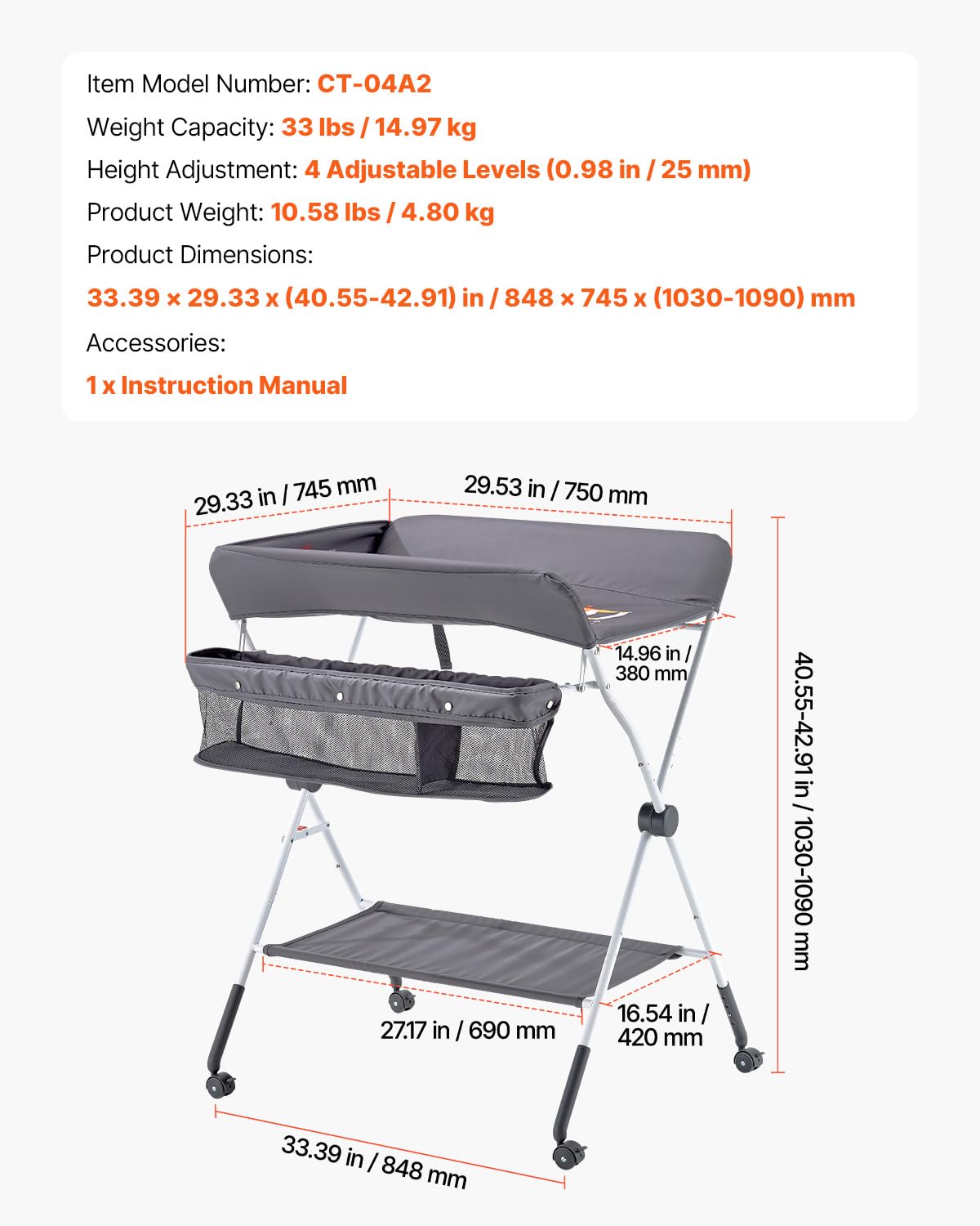 Foldable Baby Changing Table with Side Basket A705