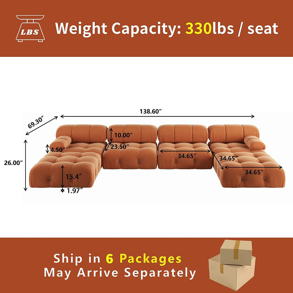 Orange Velvet U-Shaped Sectional Sofa with Chaise L967