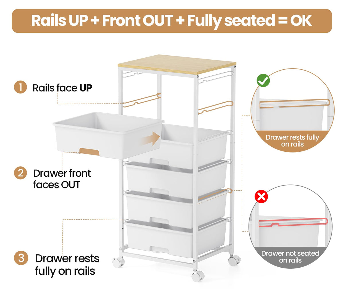 6 Drawer Rolling Storage Cart with Wooden Top and Wheels S504