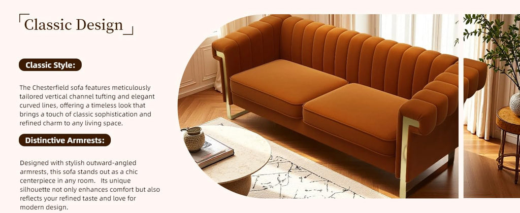 Orange Velvet 3 Seater Sofa with Gold Metal Legs C346
