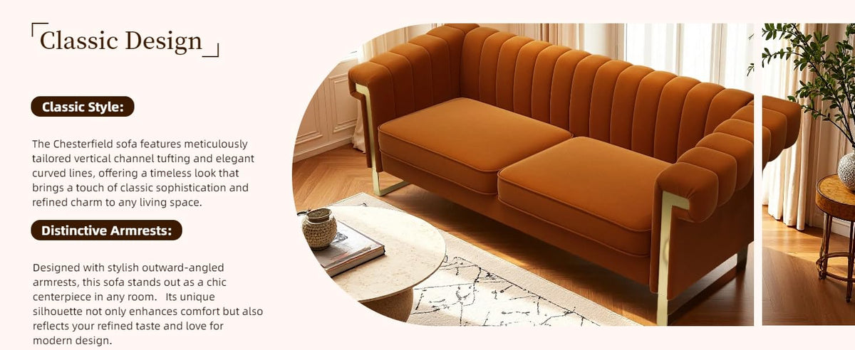 Orange Velvet 3 Seater Sofa with Gold Metal Legs C346