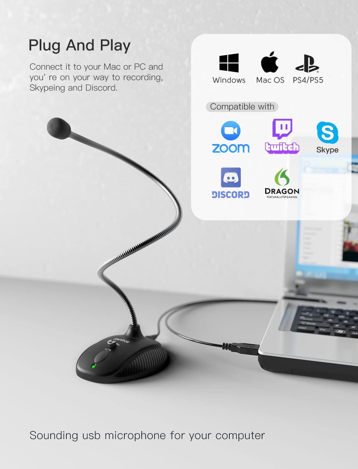 USB Computer Microphone, Plug & Play Desktop Condenser Mic, Mute Button with LED Indicator D352333