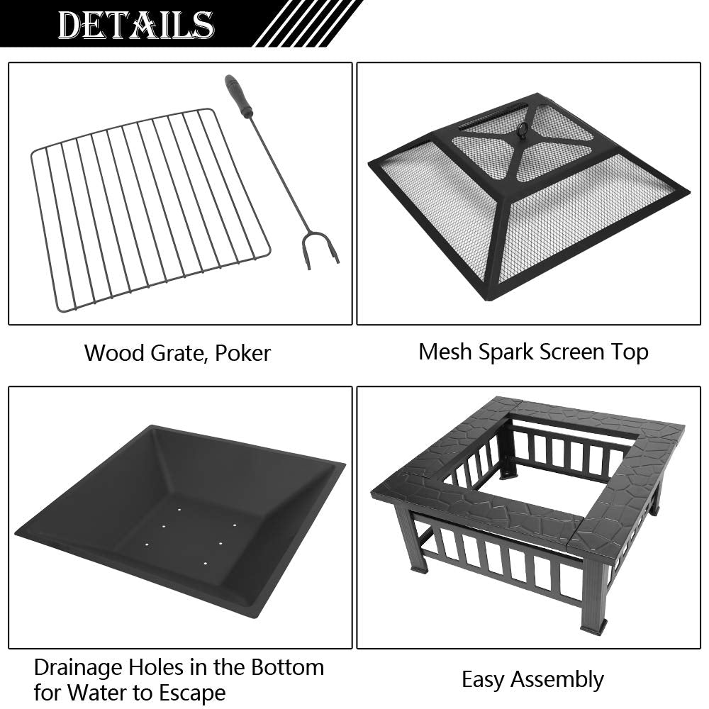 32” Metal Square Wood Burning Fire Pit S740136