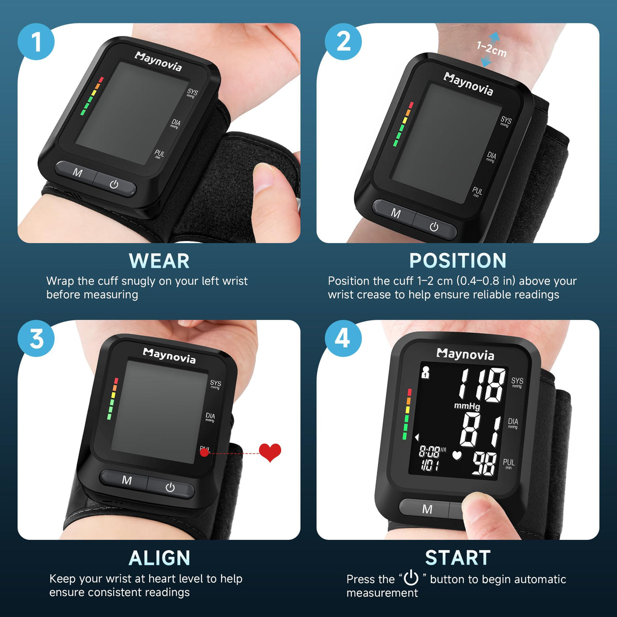 Wrist Blood Pressure Monitor, Backlit LCD, 5.3-8.5 in Cuff, Black L208