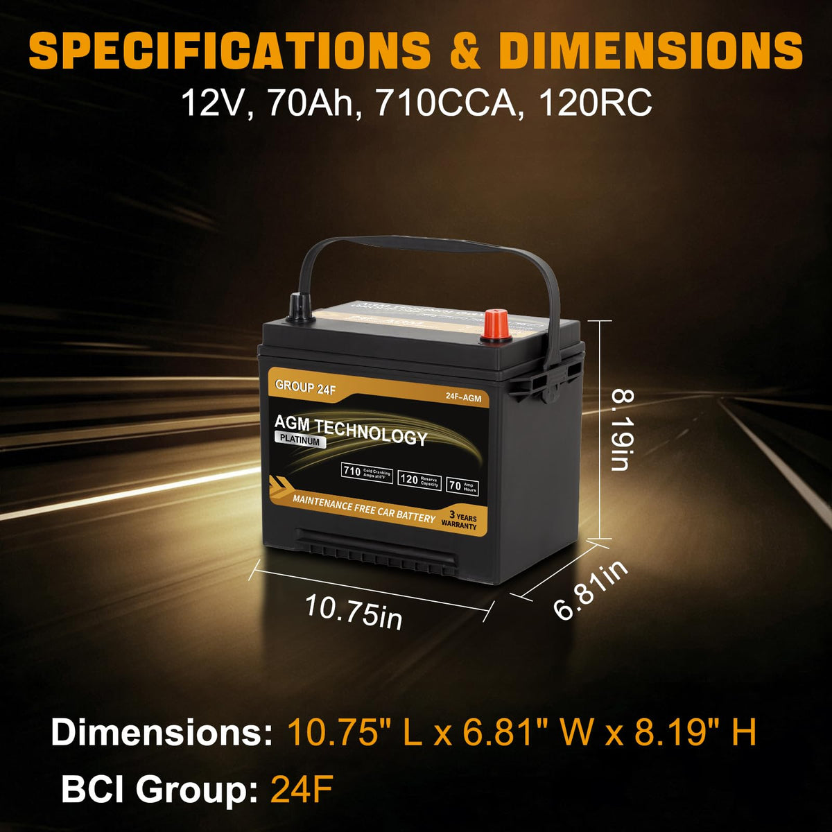 AGM Car Battery Group Size 24F 12V 70Ah 710 CCA A34602