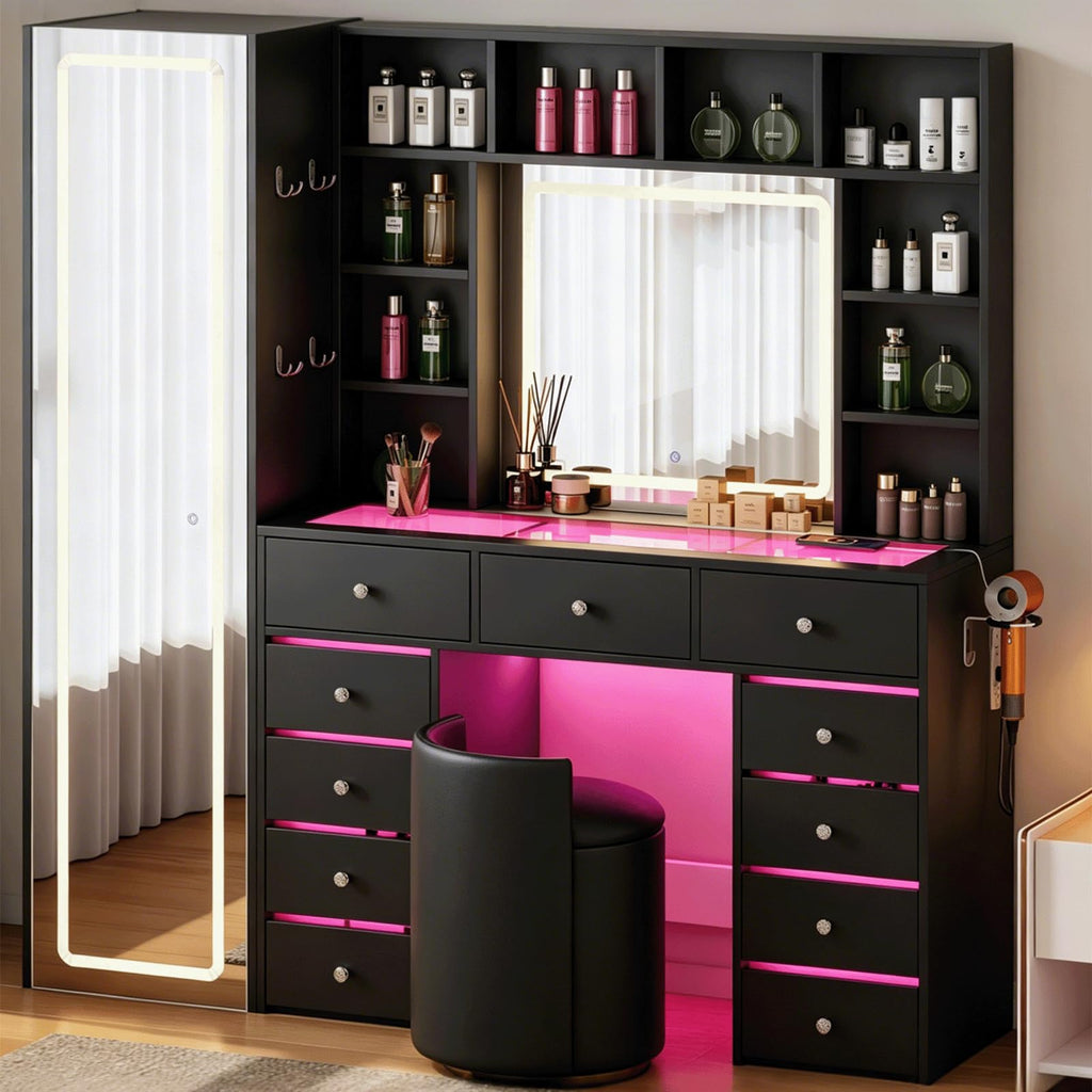 Full Length Mirror Vanity Desk with LED Mirror and 11 Drawers K52690