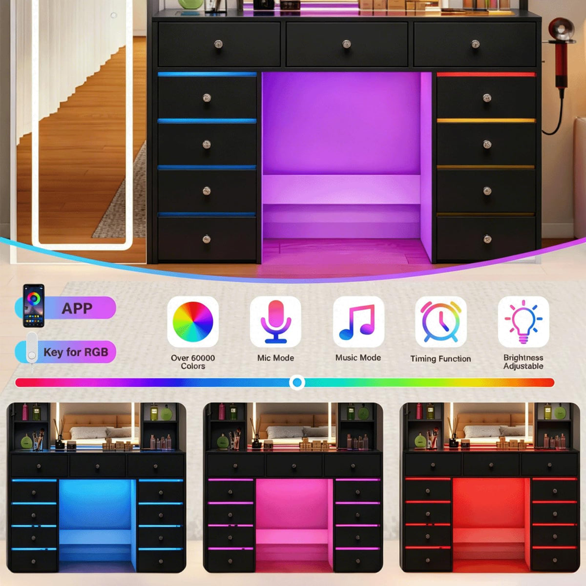 Full Length Mirror Vanity Desk with LED Mirror and 11 Drawers K52690