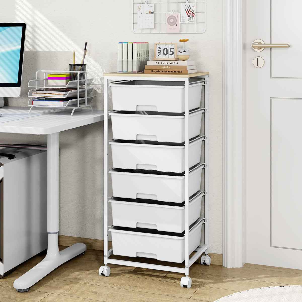 6 Drawer Rolling Storage Cart with Wooden Top and Wheels S504