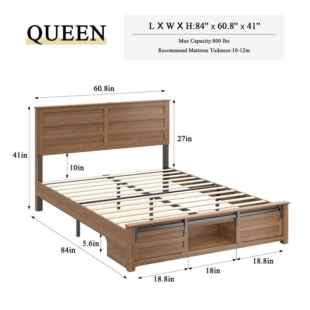 Queen Size Wooden Bed Frame with Headboard and Storage Footboard E438393