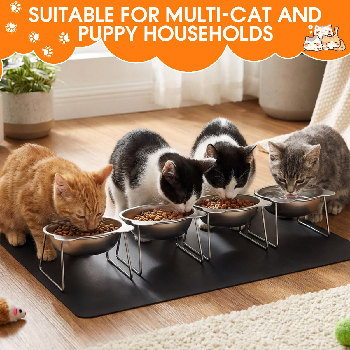 4 Set Elevated Stainless Steel Cat Food Water Bowls I27813