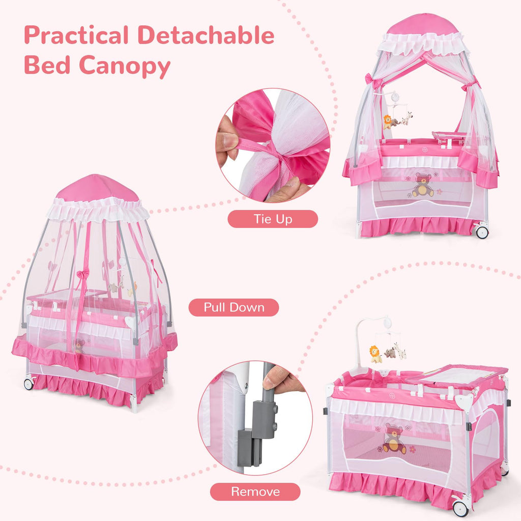 4-in-1 Pack and Play with Canopy, Changing Table and Bassinet, Hot Pink J116611