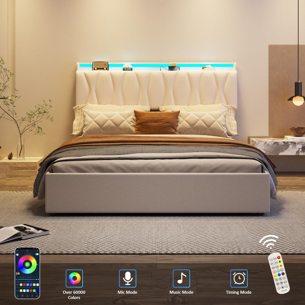 Beige Full Size Lift Up Storage Bed Frame with Charging Station K463