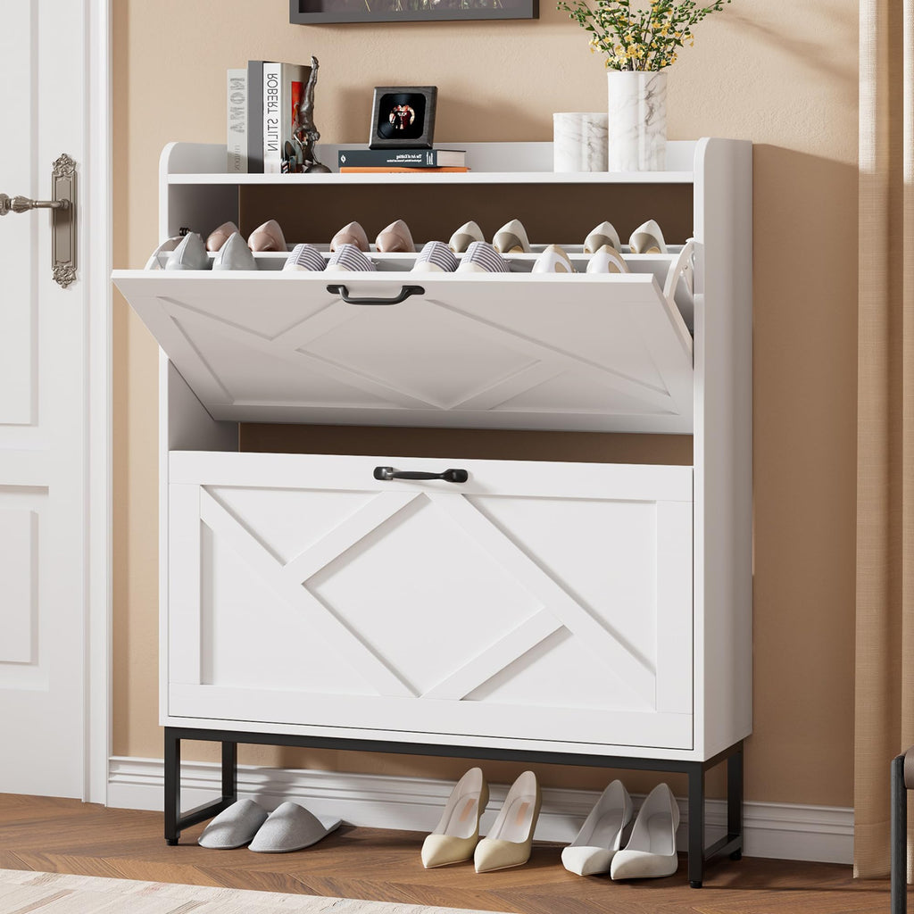 White 2 Flip Drawer Shoe Storage Cabinet U9012