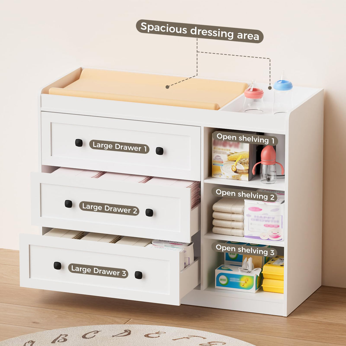 White Wood 3 Drawer Changing Table T1787