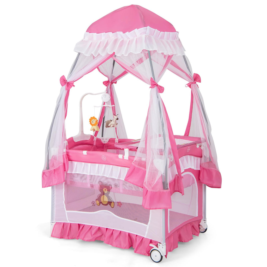 4-in-1 Pack and Play with Canopy, Changing Table and Bassinet, Hot Pink J116611
