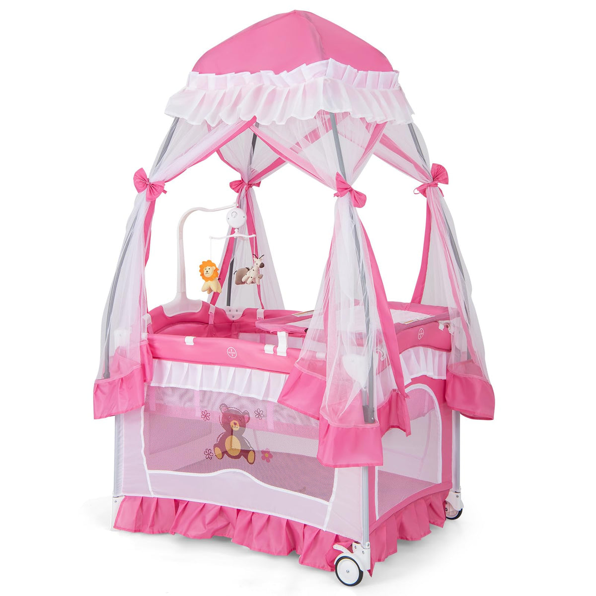 4-in-1 Pack and Play with Canopy, Changing Table and Bassinet, Hot Pink J116611