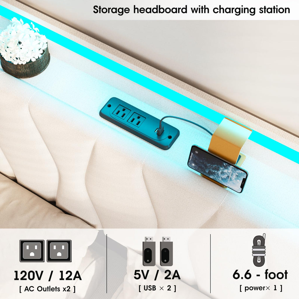Beige Full Size Lift Up Storage Bed Frame with Charging Station K463