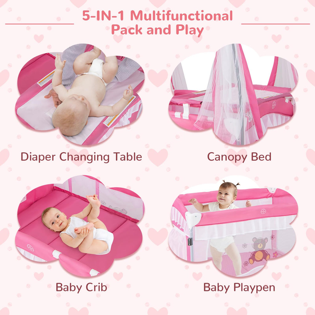 4-in-1 Pack and Play with Canopy, Changing Table and Bassinet, Hot Pink J116611