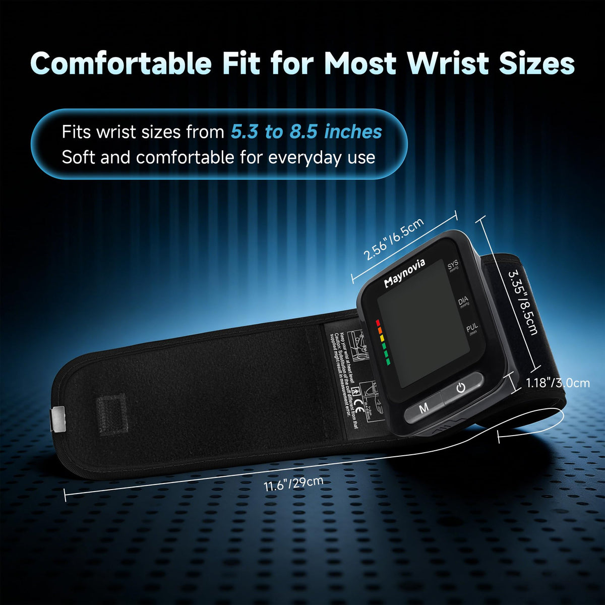 Wrist Blood Pressure Monitor, Backlit LCD, 5.3-8.5 in Cuff, Black L208