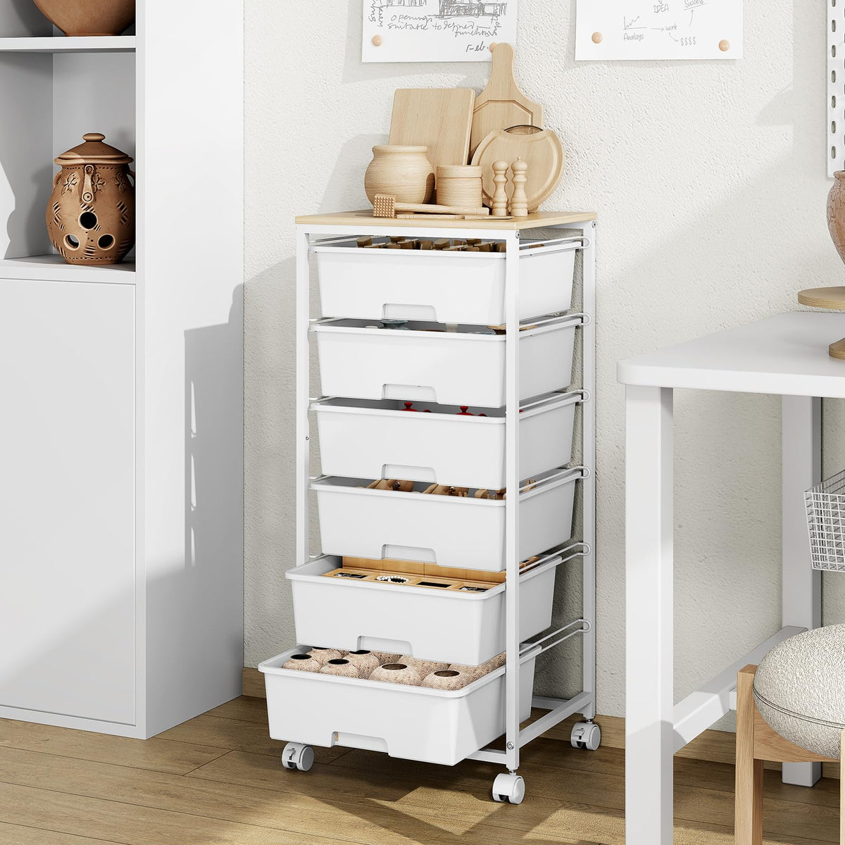 6 Drawer Rolling Storage Cart with Wooden Top and Wheels S504
