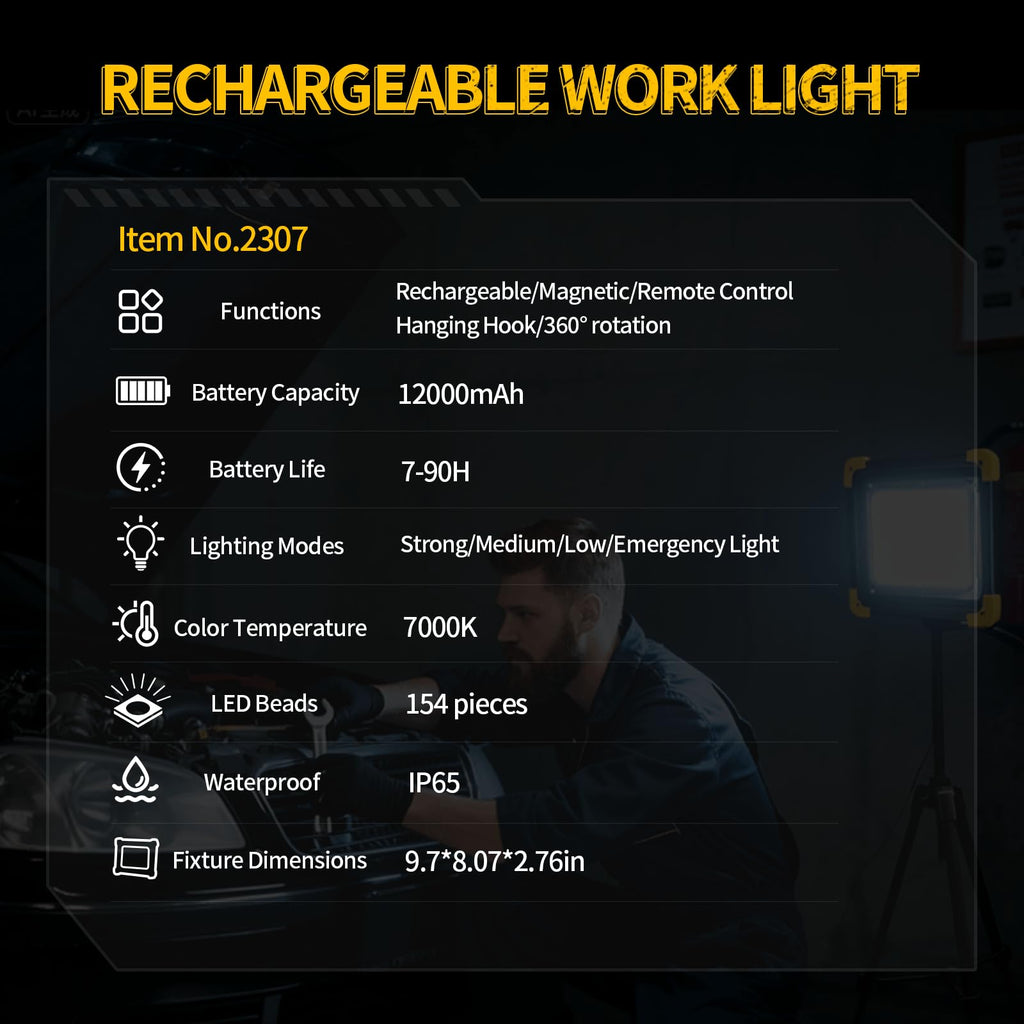 12000mAh Rechargeable Magnetic LED Work Light IP65 Waterproof 4 Modes G69294