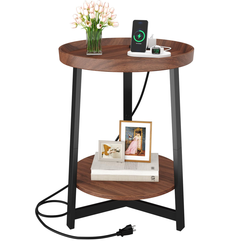 Round Industrial Side Table with Charging Station, 2-Tier Metal Frame D652204