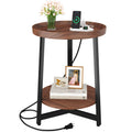 Round Industrial Side Table with Charging Station, 2-Tier Metal Frame D652204