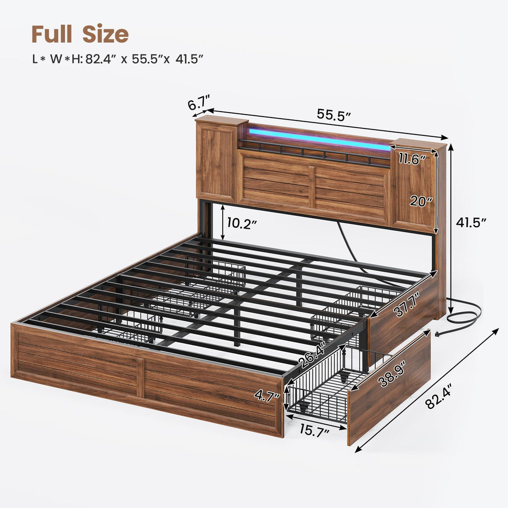 Brown Full Size Wood Bed Frame with Headboard and Storage I40896