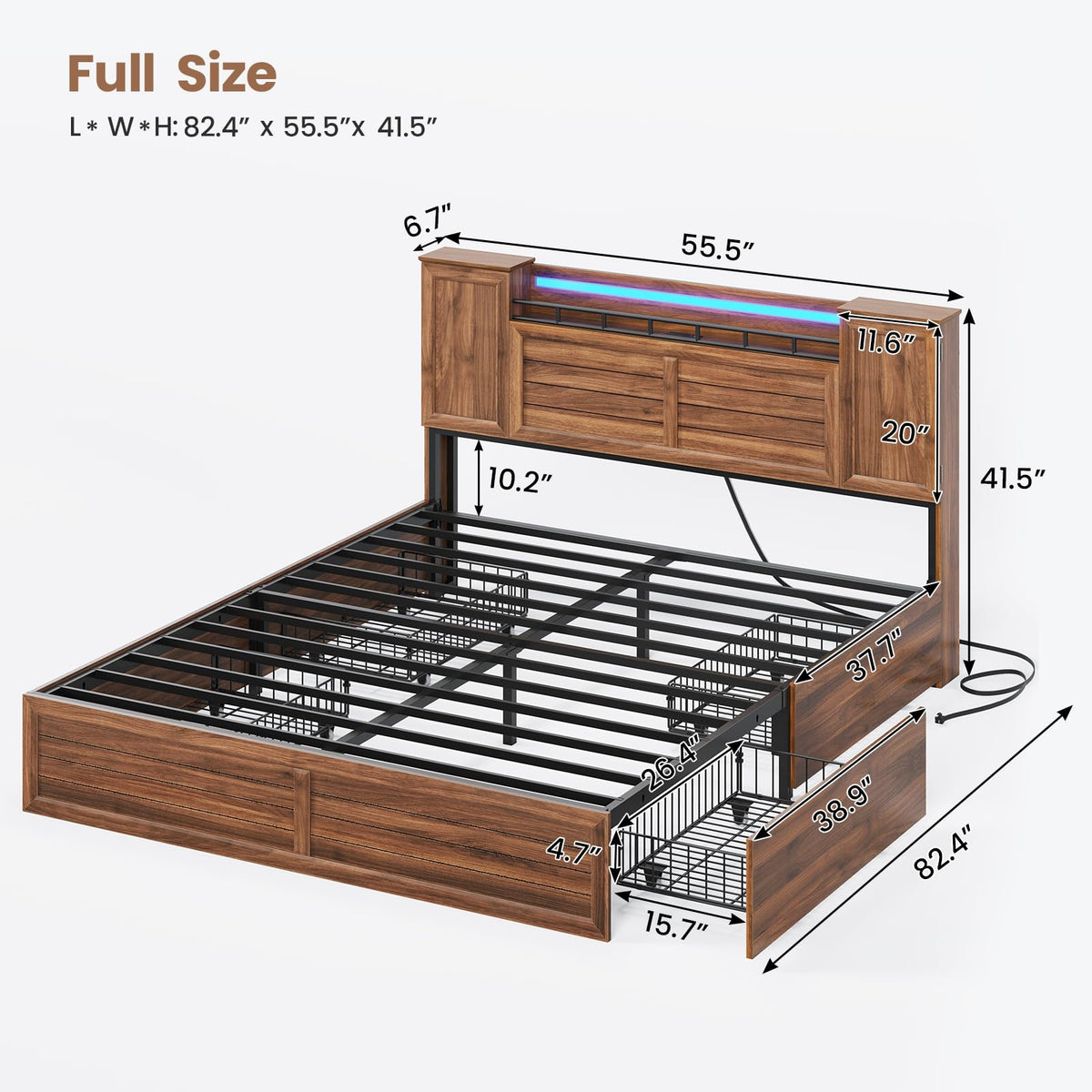 Brown Full Size Wood Bed Frame with Headboard and Storage I40896