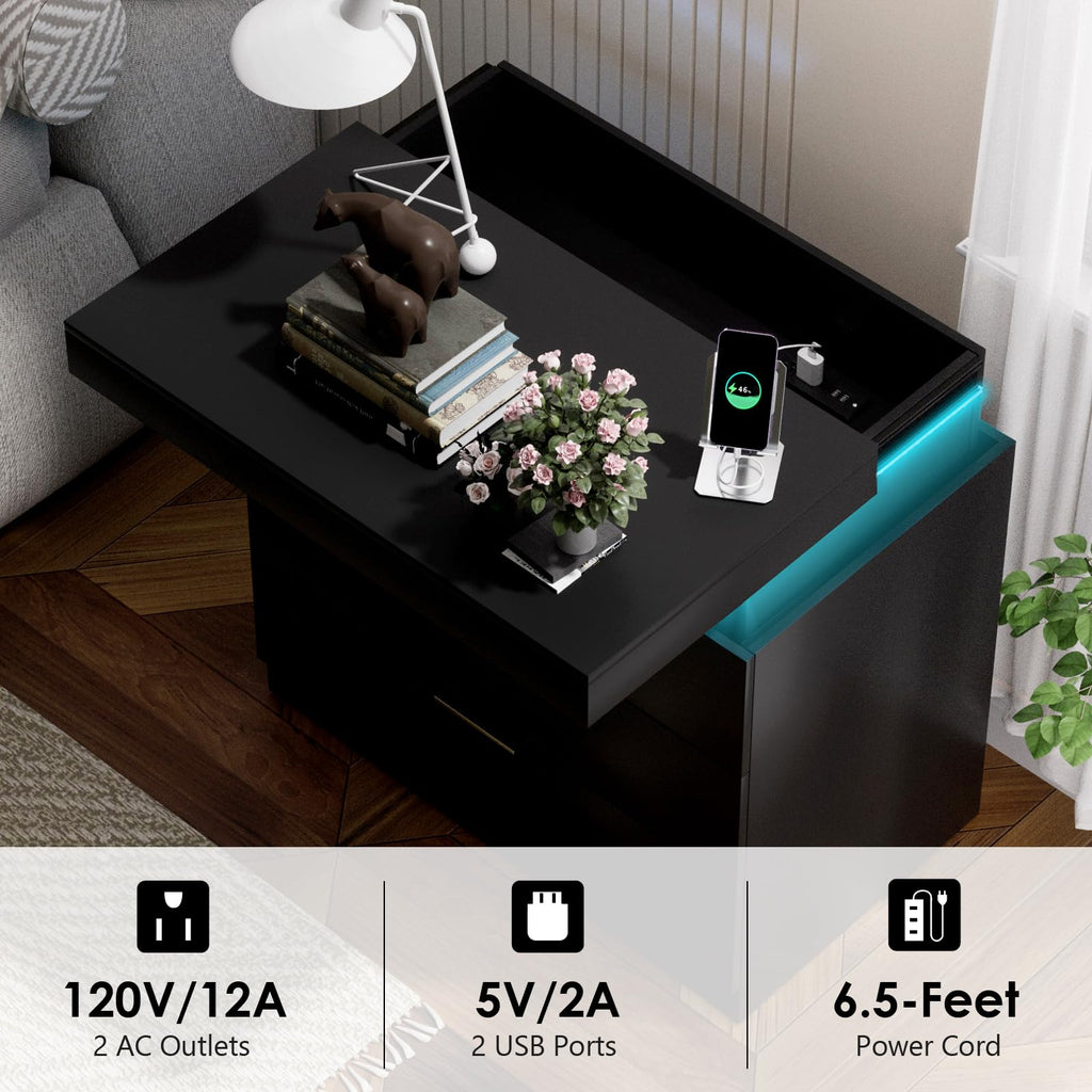 Black Nightstand with Charging Station and LED Lights P656