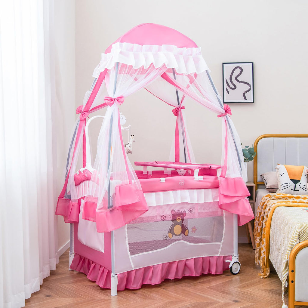 4-in-1 Pack and Play with Canopy, Changing Table and Bassinet, Hot Pink J116611
