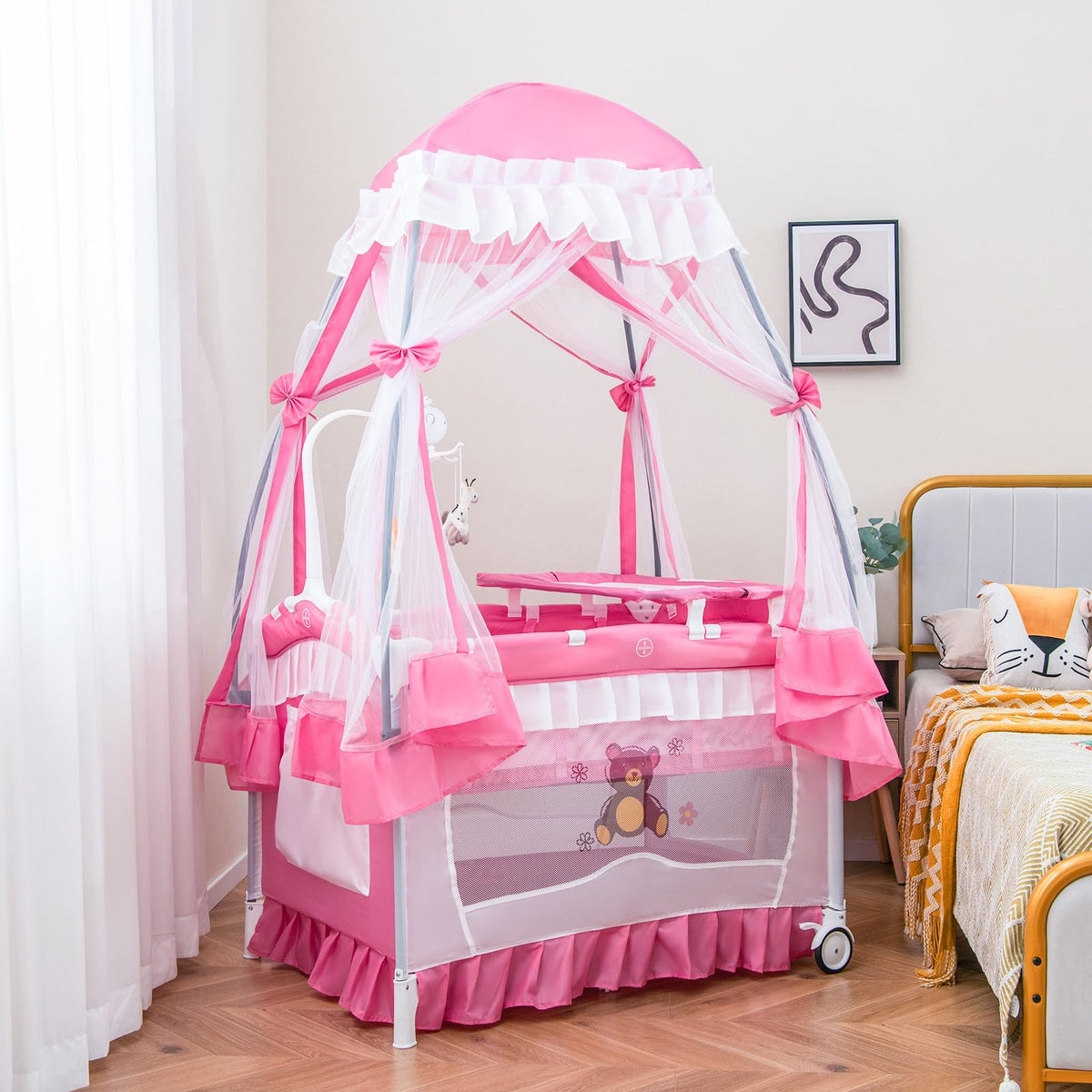 4-in-1 Pack and Play with Canopy, Changing Table and Bassinet, Hot Pink J116611