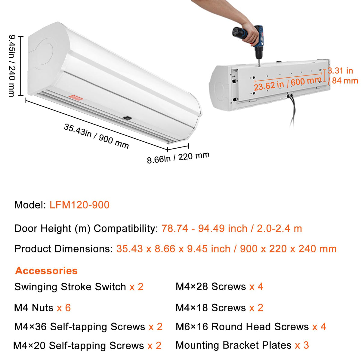 36" Wall Mounted Air Curtain 2 Speeds 900CFM Q3380