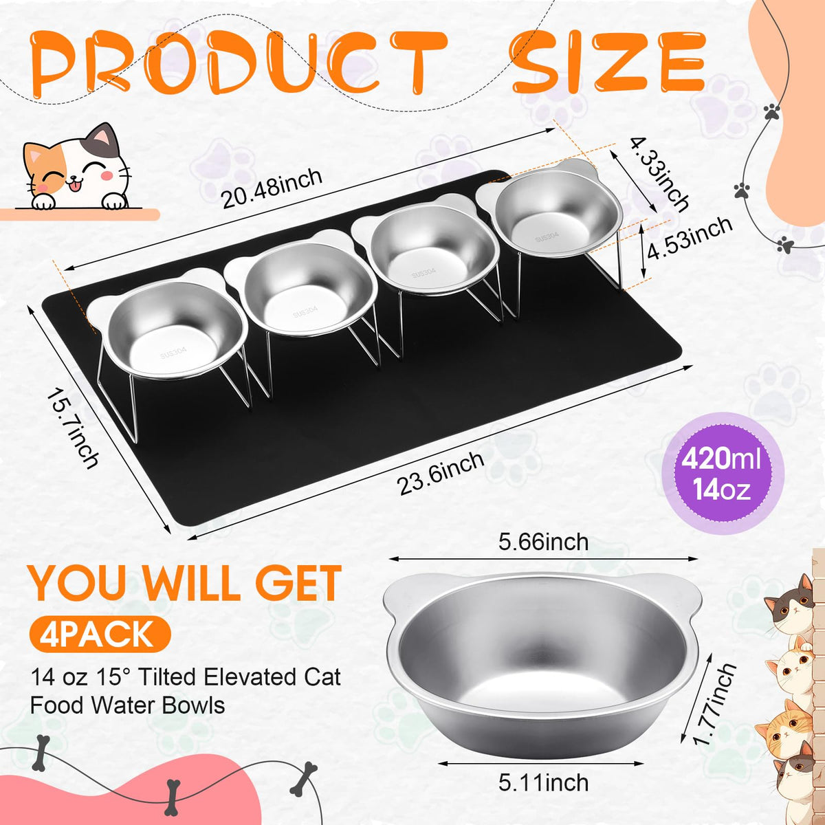 4 Set Elevated Stainless Steel Cat Food Water Bowls I27813