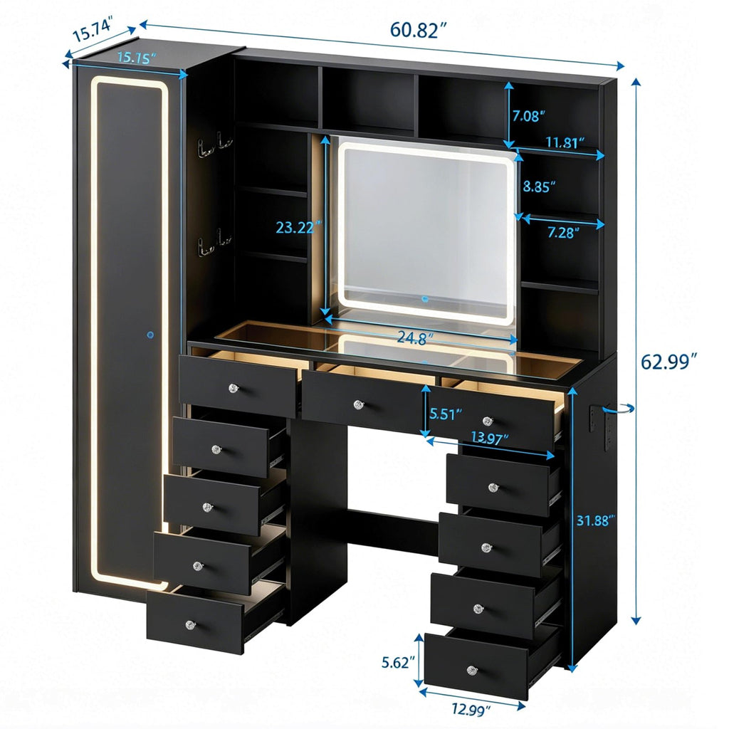 Full Length Mirror Vanity Desk with LED Mirror and 11 Drawers K52690