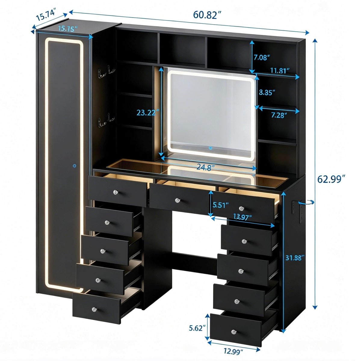 Full Length Mirror Vanity Desk with LED Mirror and 11 Drawers K52690