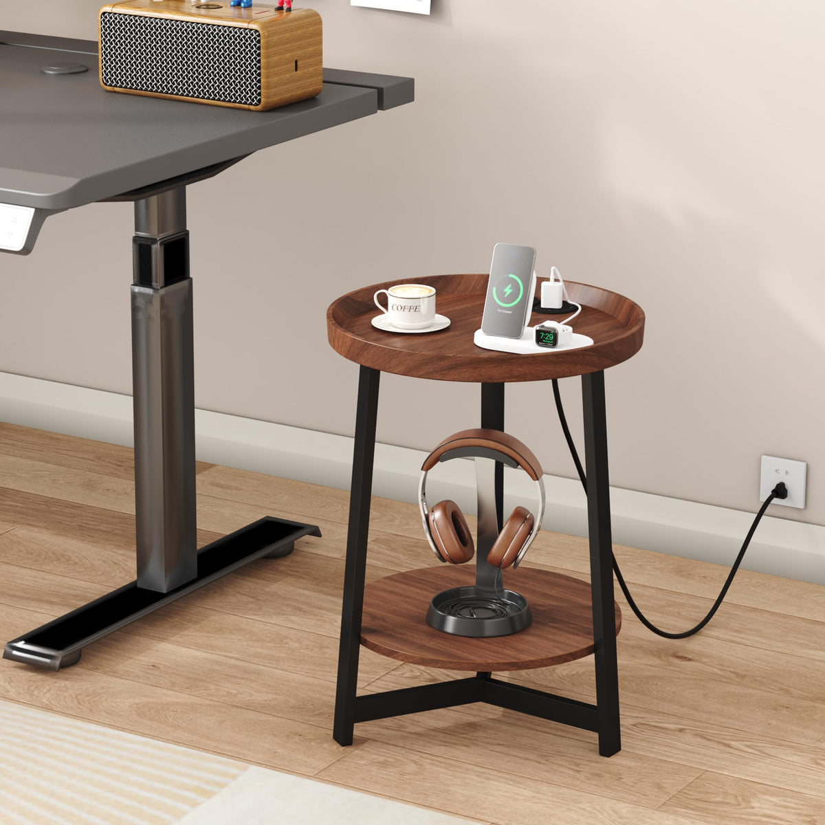 Round Industrial Side Table with Charging Station, 2-Tier Metal Frame D652204