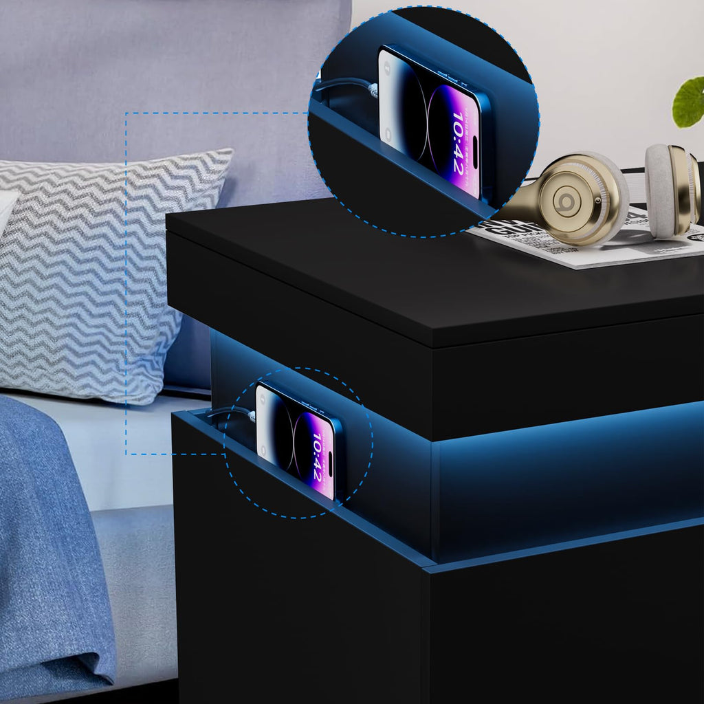 Black Nightstand with Charging Station and LED Lights P656