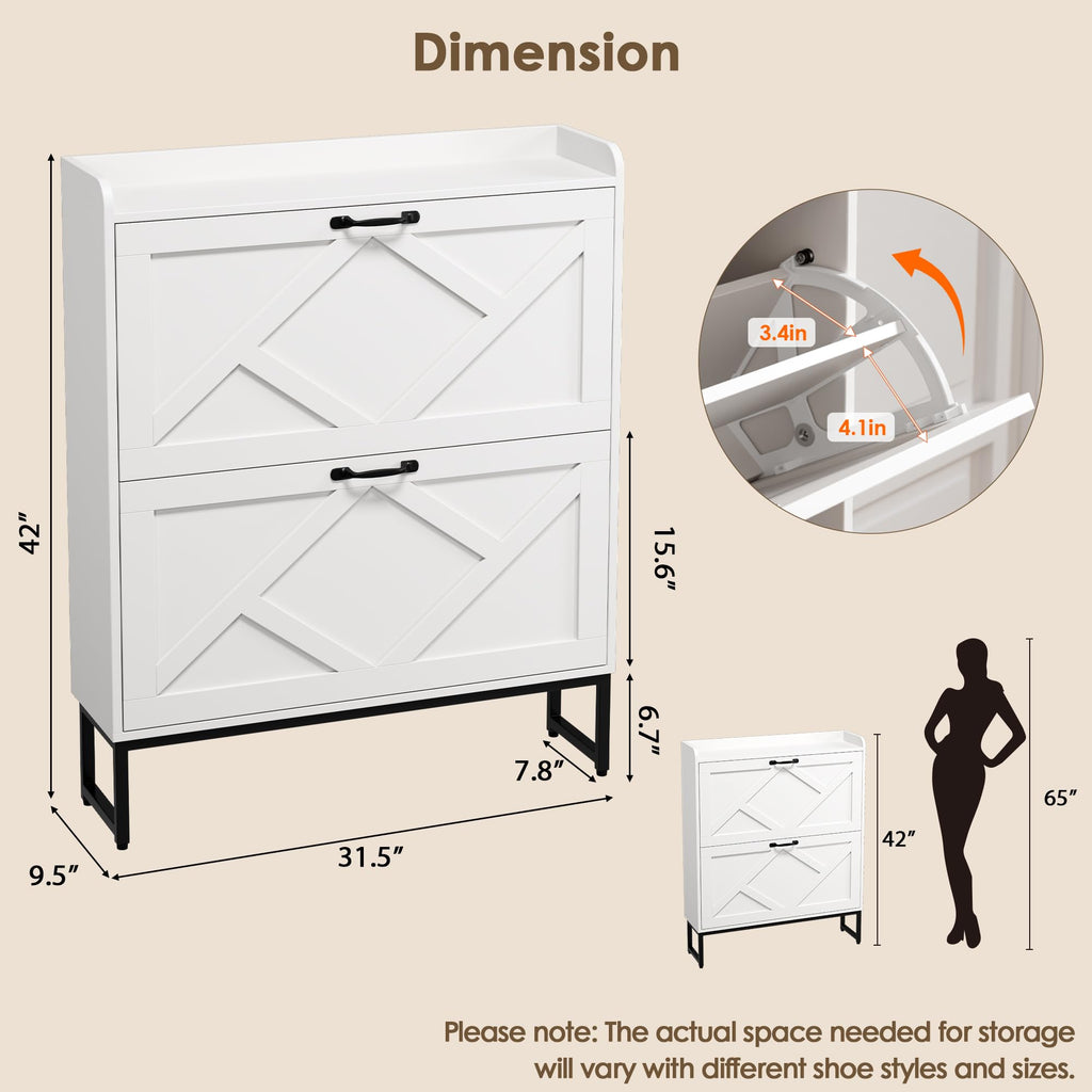 White 2 Flip Drawer Shoe Storage Cabinet U9012