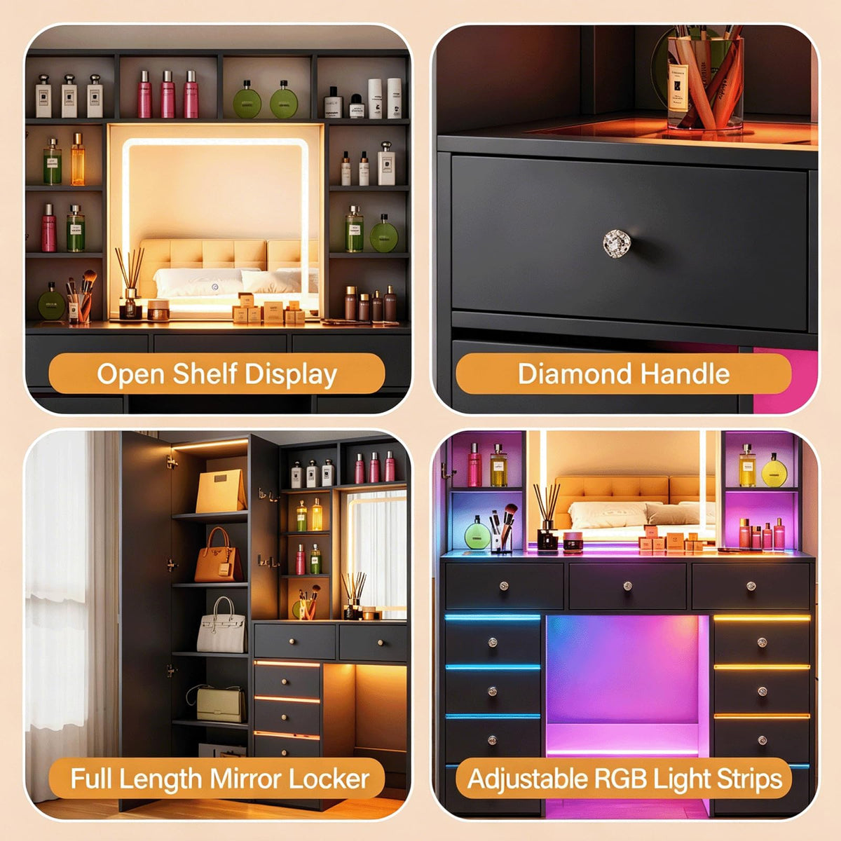Full Length Mirror Vanity Desk with LED Mirror and 11 Drawers K52690