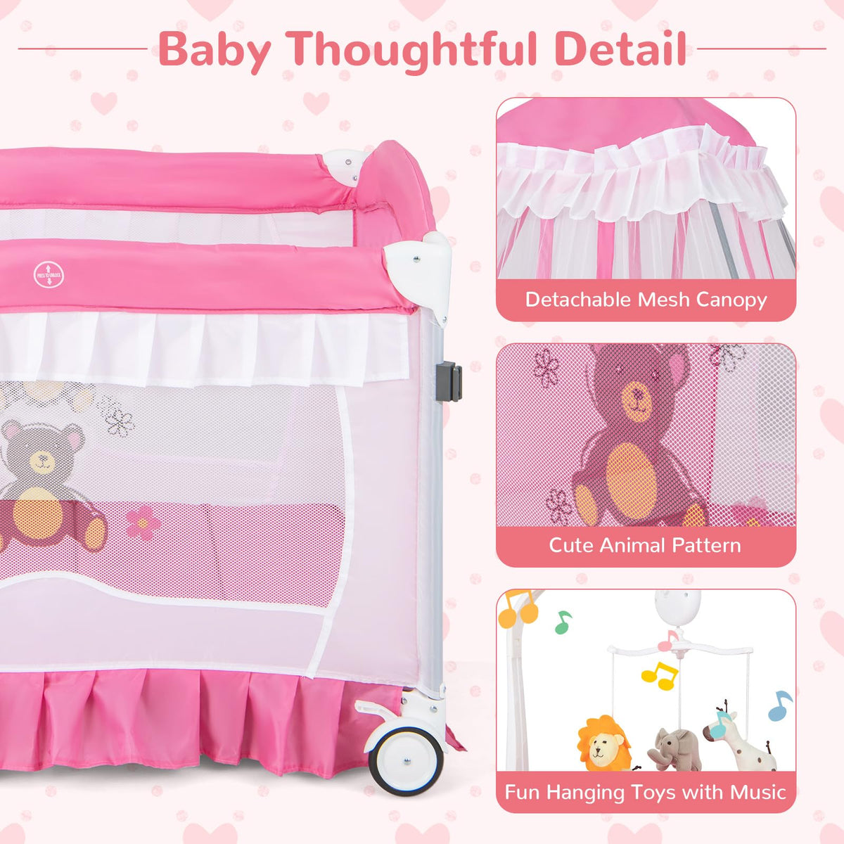 4-in-1 Pack and Play with Canopy, Changing Table and Bassinet, Hot Pink J116611