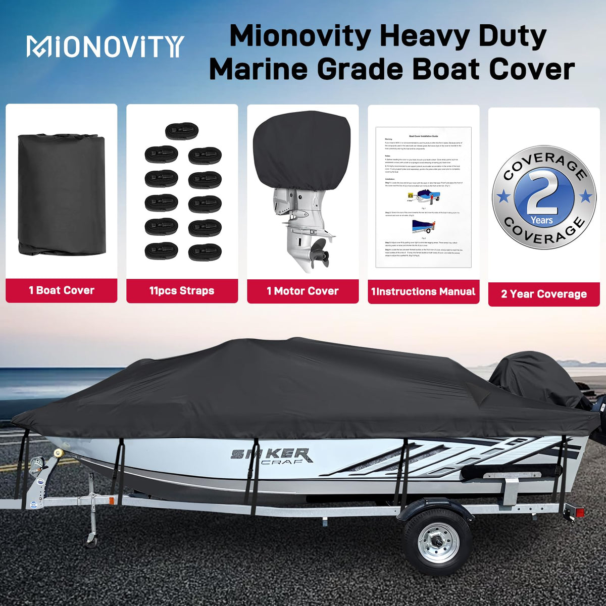 1200D Heavy Duty Waterproof Boat Cover 14-16ft Black F54363